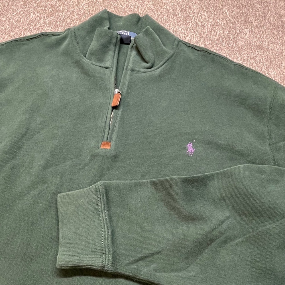 Polo Ralph Lauren Mens Green Quarter Zip Pullover Sweater Purple Pony Large Tall